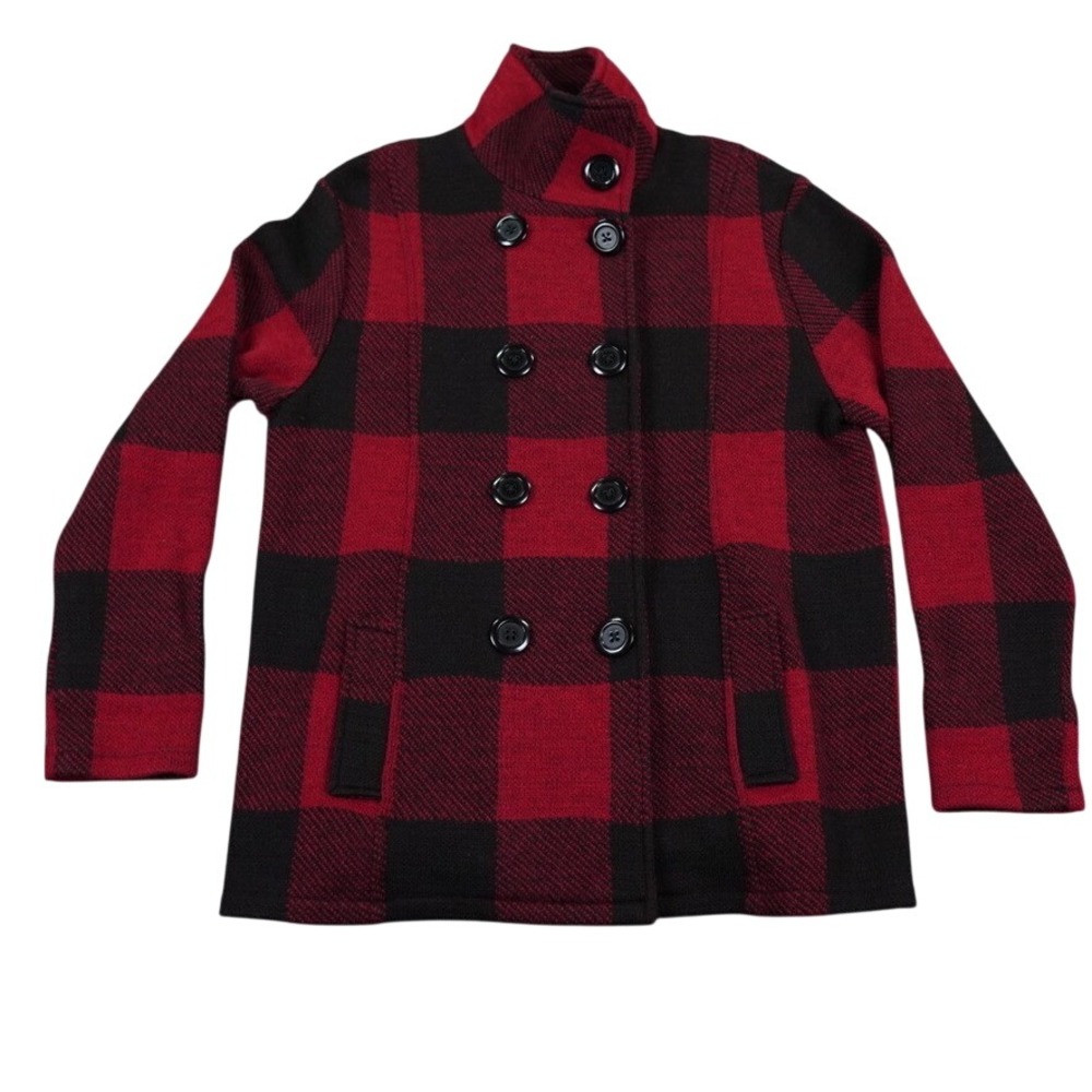 Keren Hart Wool Pea Coat Womens XL Red Black Buffalo Plaid Double Breasted